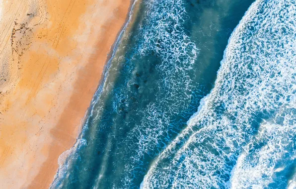 Waves, beach, sea, foam, aerial view