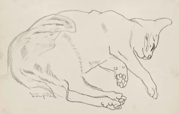 Paper, graphics, pencil, Tsuguharu Foujita, Sleeping cat