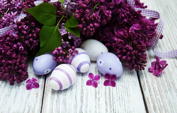Picture flowers, eggs, Easter, happy, wood, flowers, lilac, Easter
