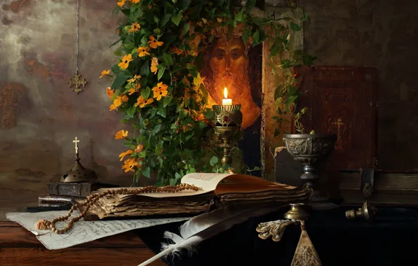 Flowers, pen, candle, book, still life, icon, rosary, Jesus Christ