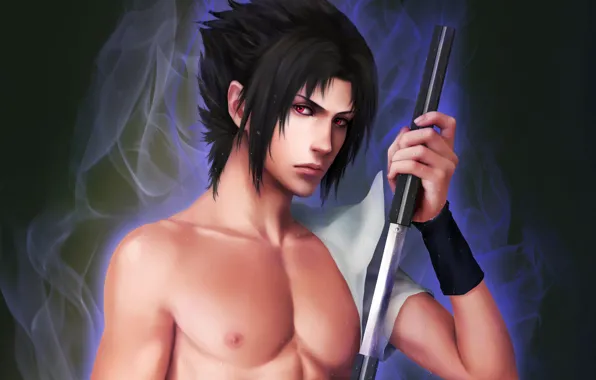 Picture sword, katana, art, guy, torso, Zetsuai89, Sasuke Uchiha