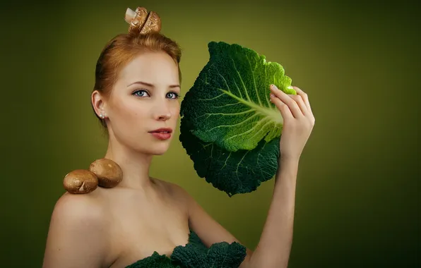 Girl, mushrooms, cabbage