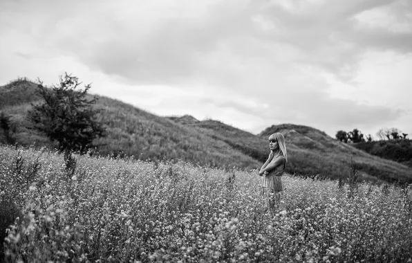 Field, girl, landscape, hills, b/W, photographer, Martin Brest