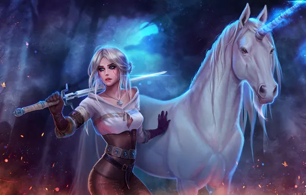 Picture forest, girl, night, unicorn, The Witcher, Ciri, to Prywinko, Ihuarraquax