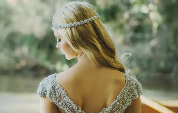 Picture girl, nature, back, dress, blonde, bokeh