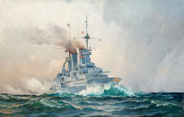 Picture warship, Herman Gustaf AF Sillen, Swedish seascape, German battleship