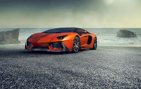 Lamborghini, Orange, Front, Vorsteiner, Sea, Supercar, Zaragoza, Aventador-V