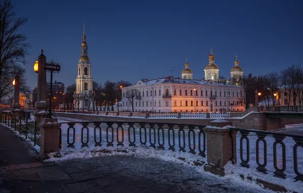Winter, river, building, Saint Petersburg, channel, Russia, night city, promenade