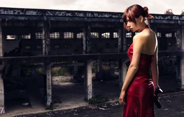 Picture girl, gun, dress, in red, Resident Evil