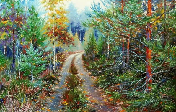 Picture landscape, nature, oil, picture, painting, canvas, forest road, Khodukov