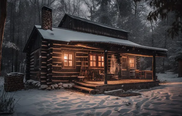 Picture winter, forest, snow, night, house, hut, forest, night