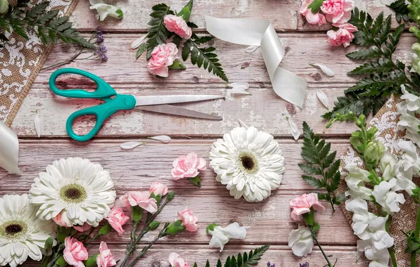 Petals, gerbera, fern, scissors, clove, snapdragons