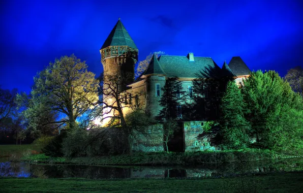 Picture the sky, trees, night, castle, tower, Germany, krefeld, linn
