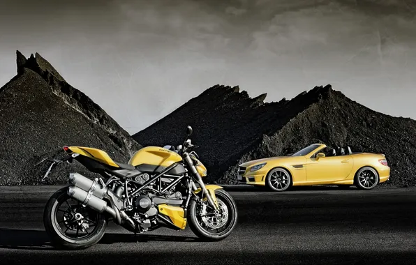 Machine, yellow, Mercedes-Benz, motorcycle, supercar, bike, Ducati, side view