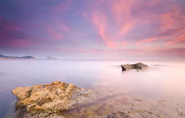 Sea, surface, stones, excerpt, pink sky