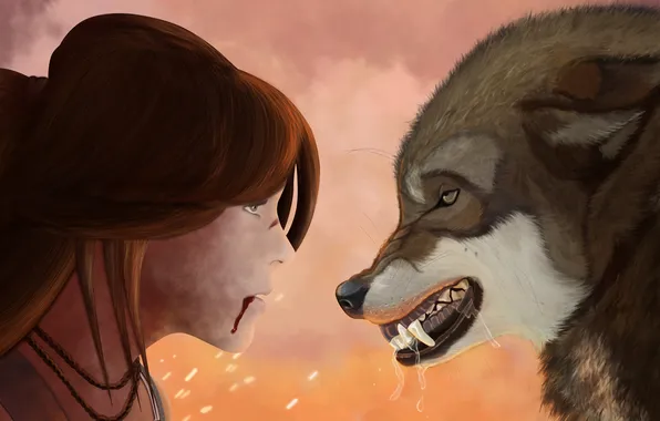 Girl, face, blood, hair, wolf, predator, art, mouth