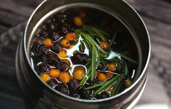 Leaves, macro, metal, berries, tea, fruit, Bank, drink