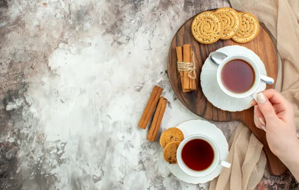 Background, tea, cookies, Cup, cinnamon, cutting Board