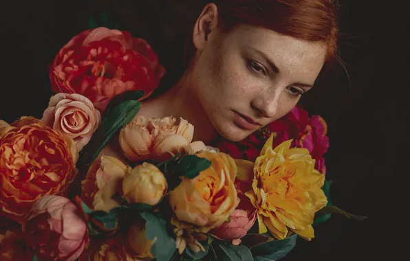 Girl, flowers, face, portrait, freckles, red, redhead, the dark background