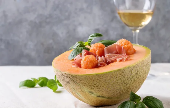 Wine, glass, melon, ham, Basil
