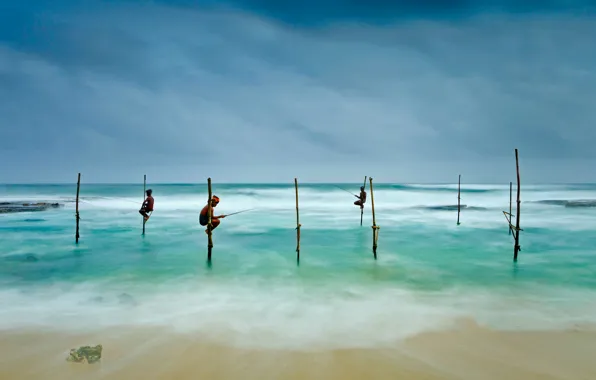Sea, Sri Lanka, Koggala, fishermen on stilts
