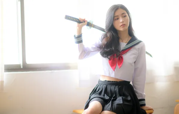 Pose, model, skirt, portrait, sword, katana, makeup, figure