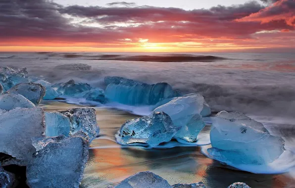 Ice, the sky, clouds, landscape, sunset, surf, Iceland