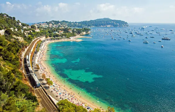 Picture beach, coast, France, yachts, train, panorama, railroad, France