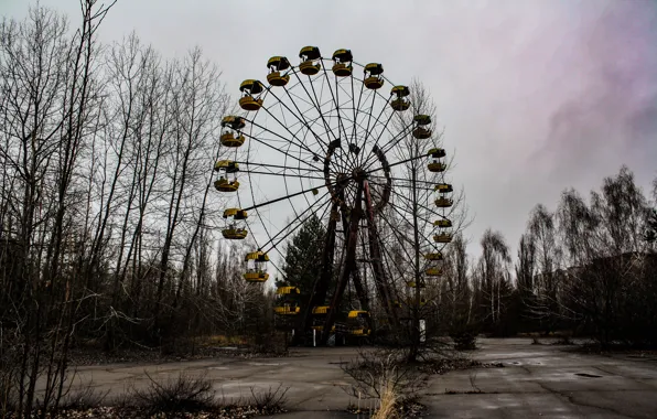 The sky, trees, overcast, Ferris wheel, Chernobyl, Pripyat, architecture, Ukraine