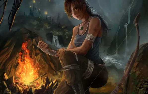 Girl, fire, bow, the fire, art, lara croft, tomb raider, bandages