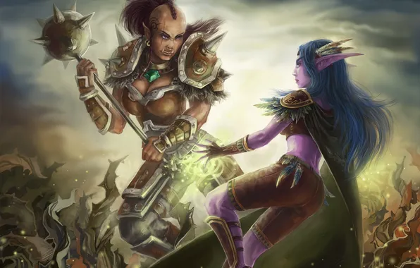 Girls, art, battle, elf, wow, world of warcraft