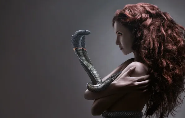 Look, girl, hair, snake, red, cobra, hypnosis