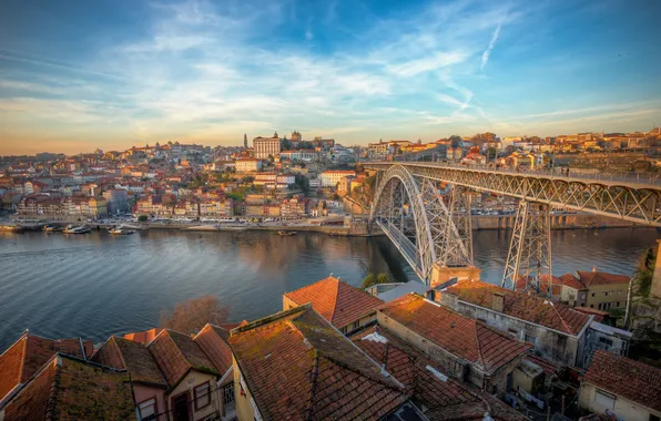 Bridge, the city, lights, river, morning, Portugal, Porto