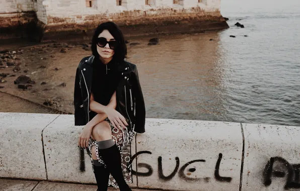 Sea, girl, shore, actress, glasses, Vanessa Hudgens