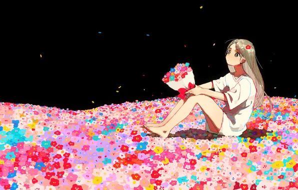 Night, bouquet, t-shirt, girl, dreams, sitting, long hair, field of flowers