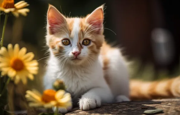 Cat, summer, cat, look, light, flowers, nature, kitty