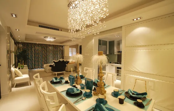 Design, table, chairs, interior, chandelier, living room, dining room, serving