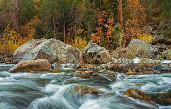 Autumn, stones, USA, Yosemite, the Merced river