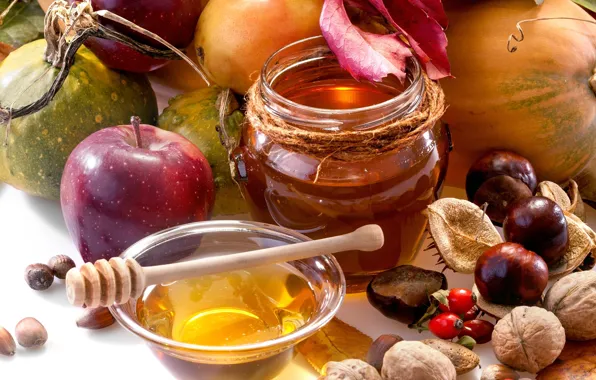 Autumn, Apple, food, honey, fruit, nuts, vegetables, pear