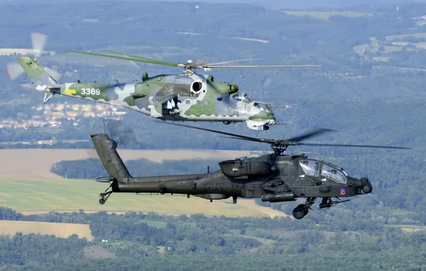 Pair, helicopter, Mi-24, AH-64 Apache, shock, helicopters
