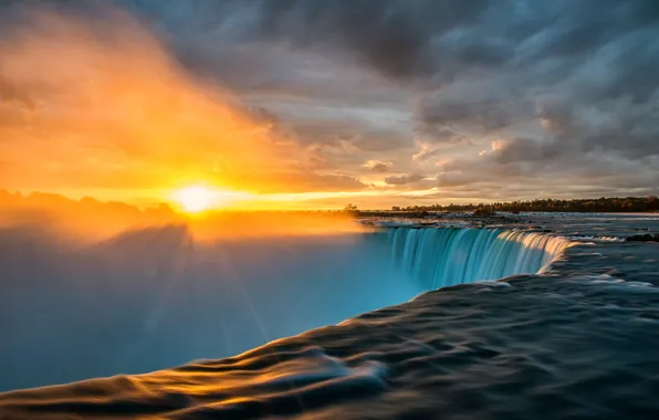 Picture the sun, rays, sunrise, waterfall, Niagara