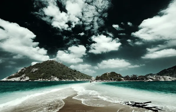 Sand, sea, the sky, clouds, mountains, shoal