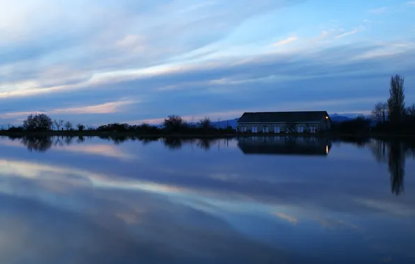 Lake, reflection, the building, the evening