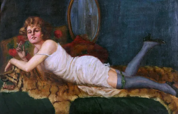 Girl, Sofa, Picture, Cigarette, Austrian artist, Richard Geiger, Richard Geiger, A Lady on vacation