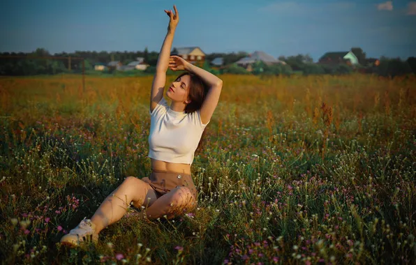 Girl, shorts, sky, field, nature, clouds, model, brunette