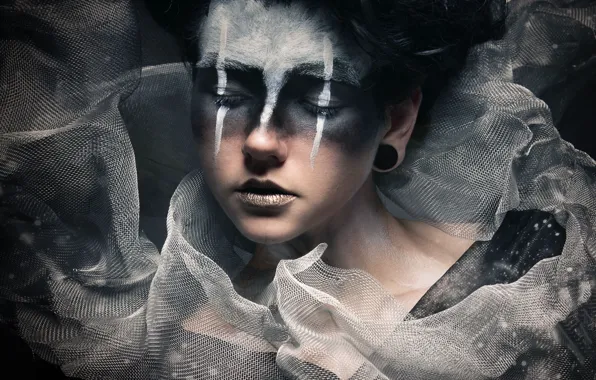 Look, girl, face, portrait, makeup, silver, clown, fabric