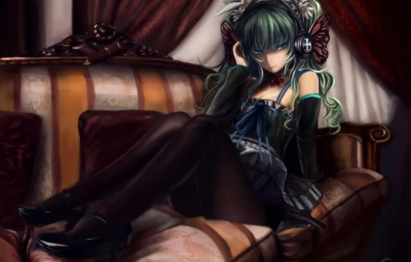 Girl, flowers, sofa, headphones, art, vocaloid, hatsune miku, cj man