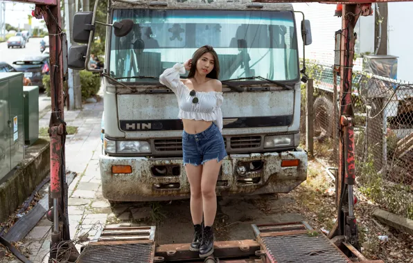 Shorts, long hair, model, truck, women, asian, dark hair, high waisted short