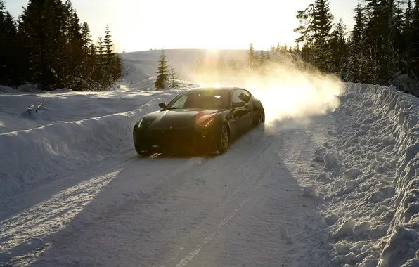 Winter, road, car, machine, forest, the sky, the sun, snow