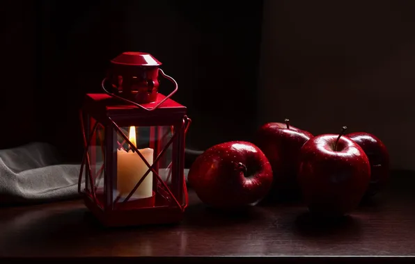 Apples, candle, lantern, red, fruit